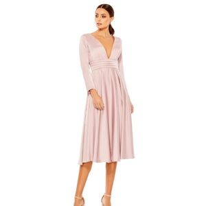 Mac Duggal Plunging Satin A-line Long Sleeve Midi Dress Pink